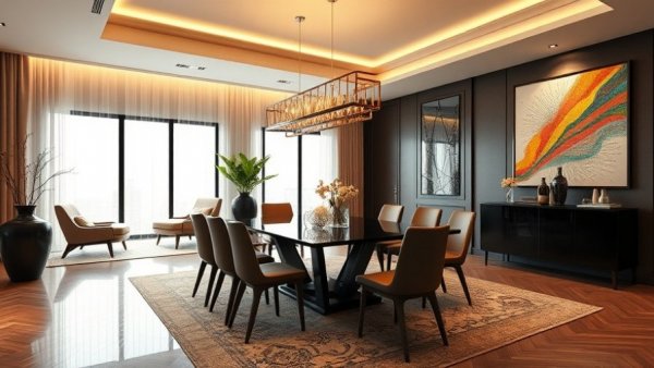 Stylish dining room designed for gathering with elegant decor.