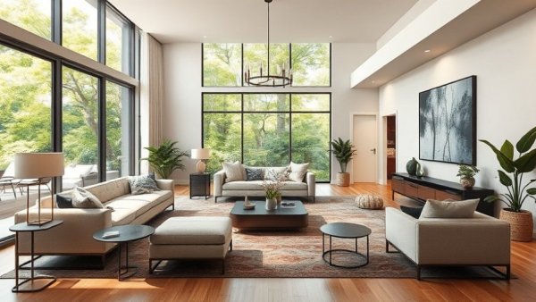 Modern living room showcasing 2026 design trends with large windows and chic decor.