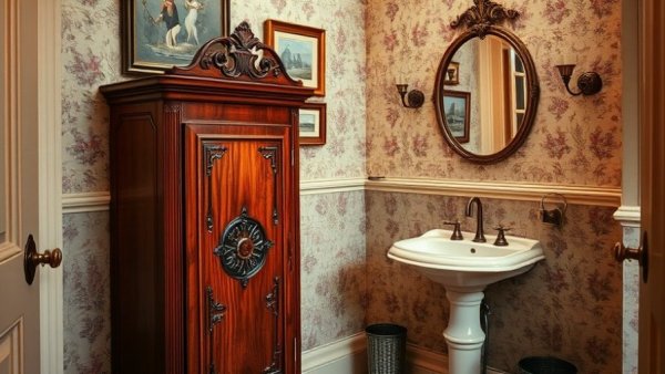 Best bathroom storage cabinets in a vintage styled bathroom with ornate wooden cabinet.