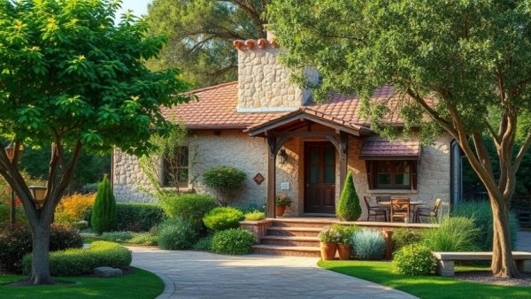 Mediterranean-style house with stone facade and greenery.