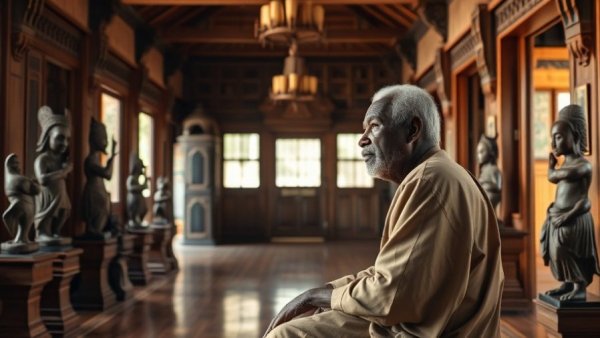 Nigerian architect Demas Nwoko legacy in traditional styled room.