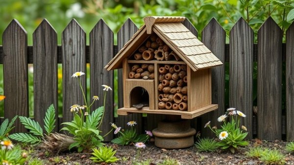 Intricate insect hotel in rustic garden, wildlife haven in a small yard.