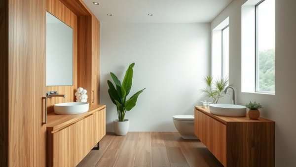 Spa-like wet room design with minimalist wooden features.