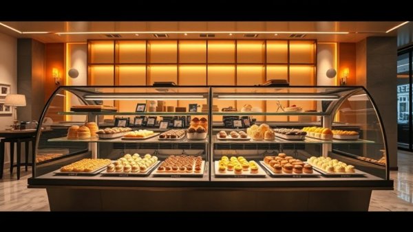 Modern dessert display showcasing pastries, flexible future of kitchens.
