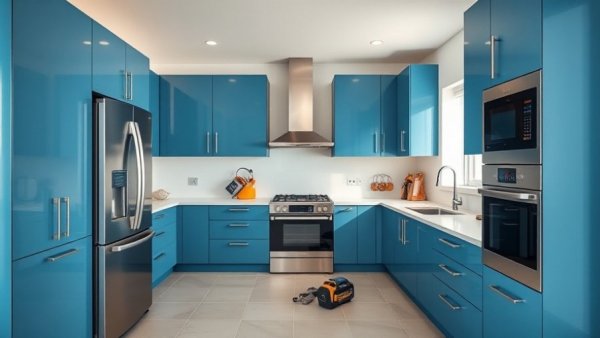 Modern Kitchen Remodeling Ideas with blue cabinets.