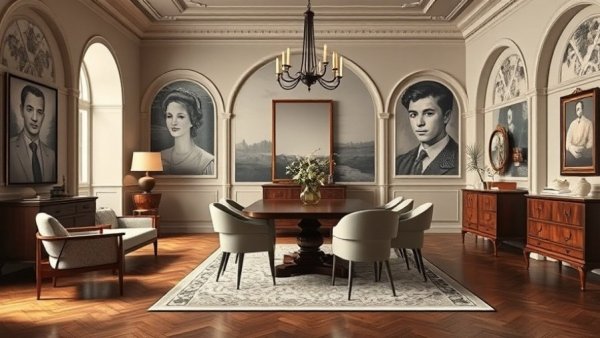 Elegant dining room in a Berlin Airbnb with mural art.