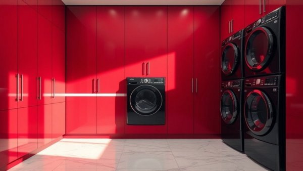 Modern laundry room with red cabinets and black appliances, popular laundry room designs 2026.