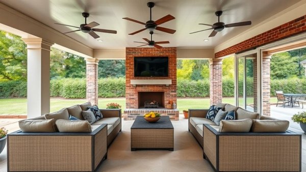 Modern patio with sofas and fireplace, clean outdoor setting.