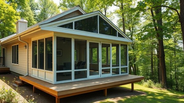 Modern screened-in porch with forest backdrop for screened-in porch ideas.