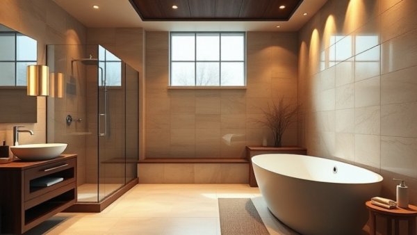 Spa-like bathroom remodel with glass shower and bathtub.