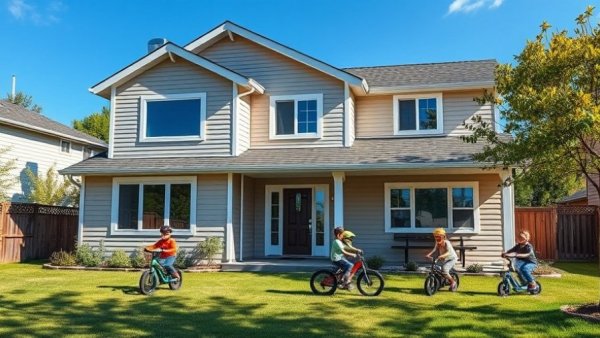 Modern camphor siding home design with children playing outside.