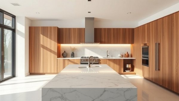 Contemporary kitchen design with sleek marble and wood elements