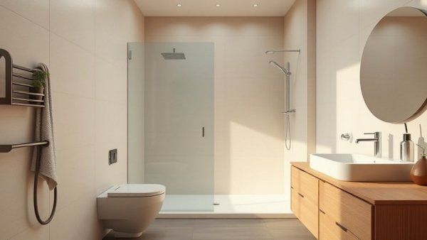 Elegant bathroom design with low-curb shower and modern fixtures.