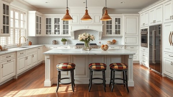 Cozy kitchen island design with marble top and plaid stools.