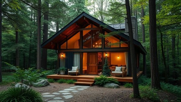 Simpsons Bay Road retreat with rustic wooden architecture in lush forest.