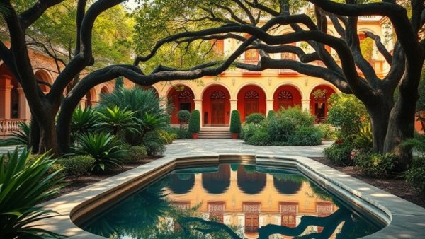 Historic Yucatán garden with pool and trees, part of design tour.