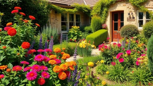 Lush garden with low-maintenance plants next to a stone house.