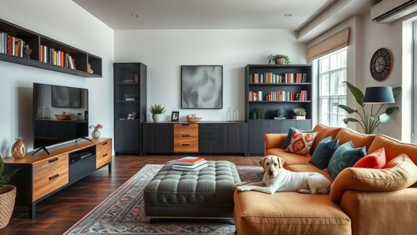 Stylish media console in a cozy living room with a playful dog.
