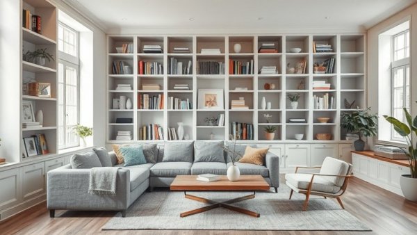 Living room built-ins design with modern decor and cozy feel.