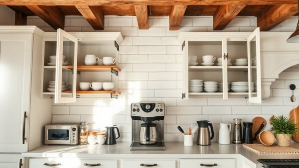 Elegant coffee station in a modern kitchen setting, showcasing coffee station ideas.