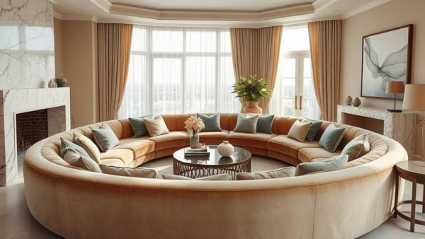 Luxurious custom homes in the Hamptons living room with circular sofa.