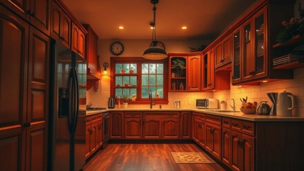 Warm kitchen layout with wooden cabinets and flooring.