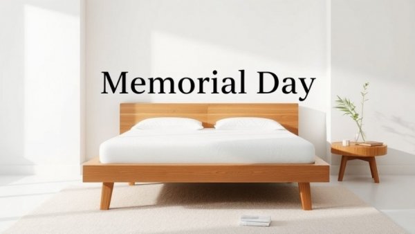 Minimalist bed with white mattress for Memorial Day sales promo.