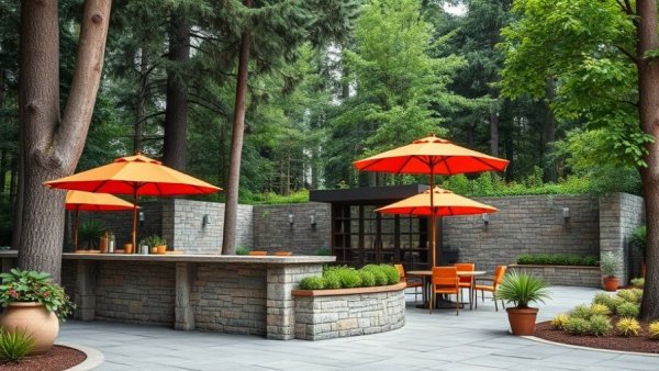 Low-maintenance hardscape ideas with stone patio and vibrant umbrellas.
