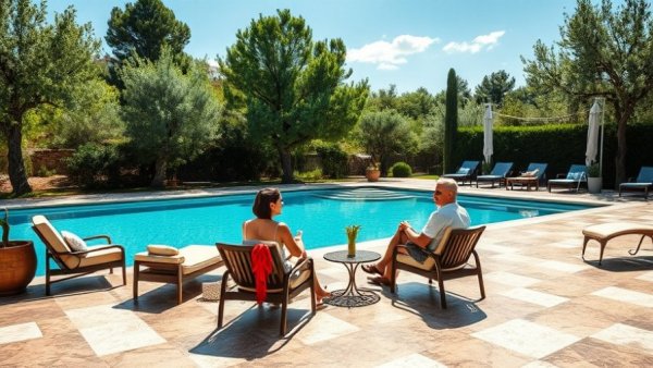 Nate Berkus and Jeremiah Brent relaxing poolside at a renovated house in Portugal.