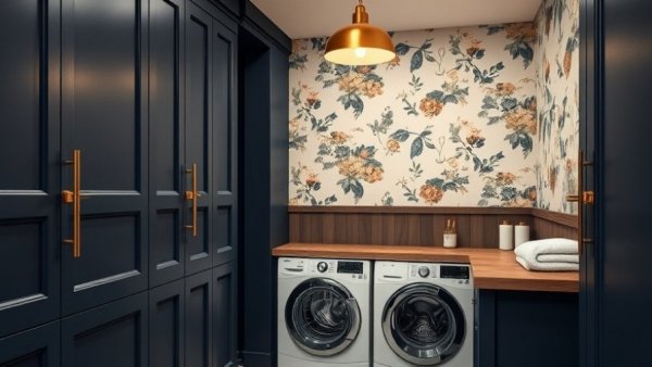 Innovative Laundry Rooms with dark blue cabinets and floral wallpaper.