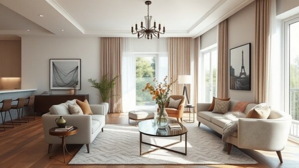 Cozy condo transformation featuring elegant modern living room.