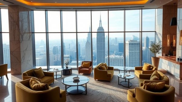 Modern elegant lounge in Boston design hotel with city view.