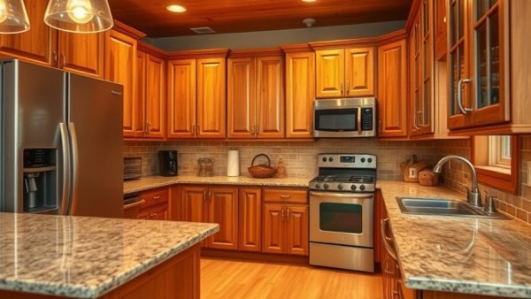 Inviting kitchen remodel with wooden cabinets and granite details.