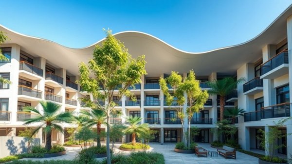 Inala Infill Apartments with unique wavy roof and garden under blue sky.