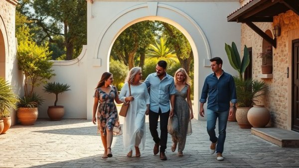 Family walking through courtyard with white arch and greenery at sunset.