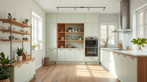 Chic pale green and oak kitchen with hidden pantry.