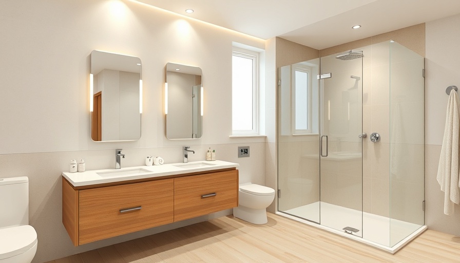 Elegant modern bathroom remodel with twin vanity and glass shower.