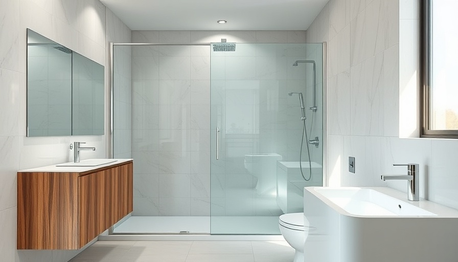 Modern bathroom showcasing stylish glass shower and wooden cabinetry.