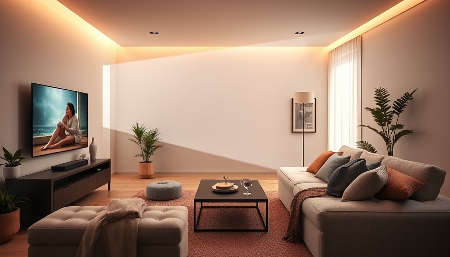 LG lifestyle projector in cozy living room setting, projecting scene.