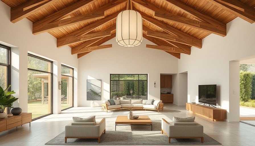 Spacious Drip-Dry House living room with natural wood beams.