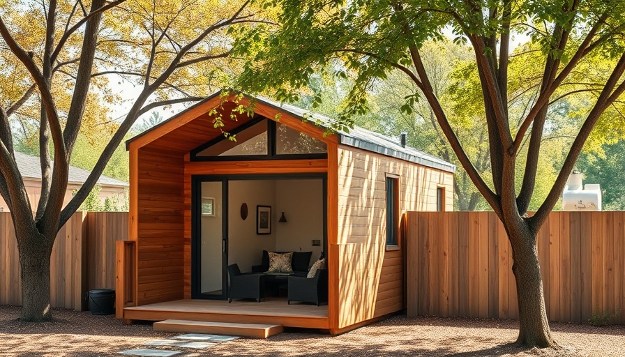 Modern ADU guest house with wooden siding, leafy background