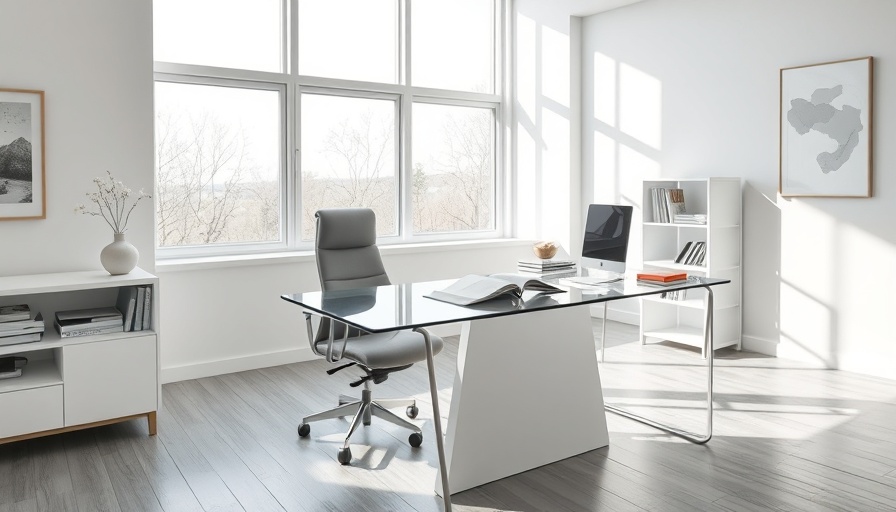 Modern ADU home office with glass desk and natural light.