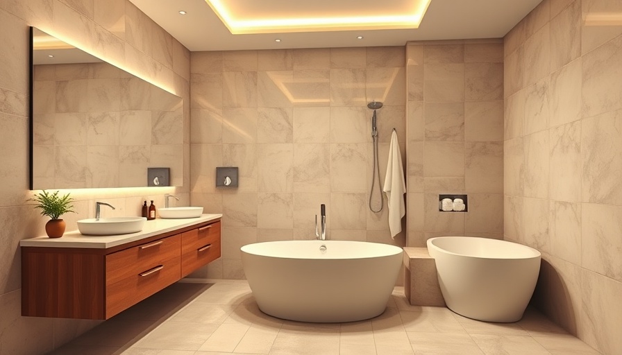 Modern bathroom remodel with large vanity and bathtub.