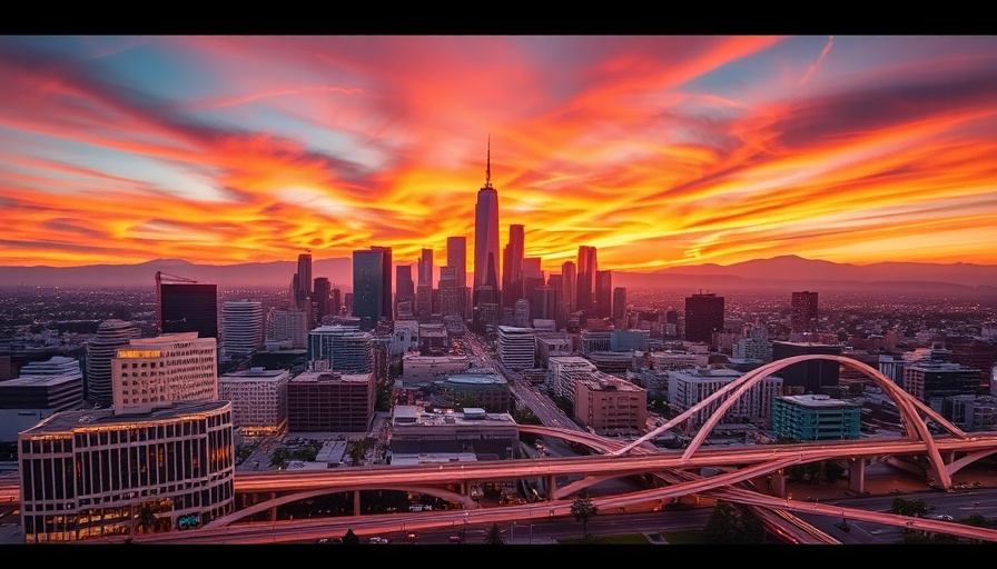 Los Angeles skyline at sunset featuring modern architecture.