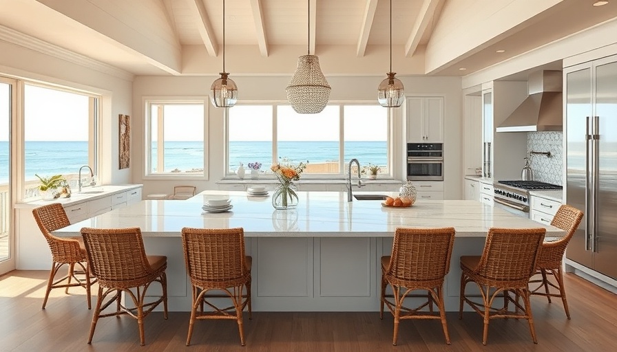 Modern coastal kitchen reflecting 2025 trends, featuring natural elements.