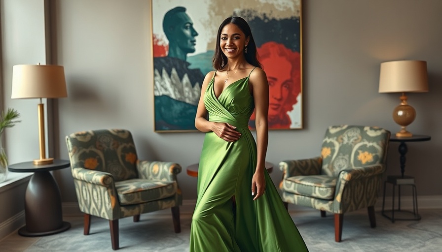 Woman in green gown smiling in stylish interior with abstract art.