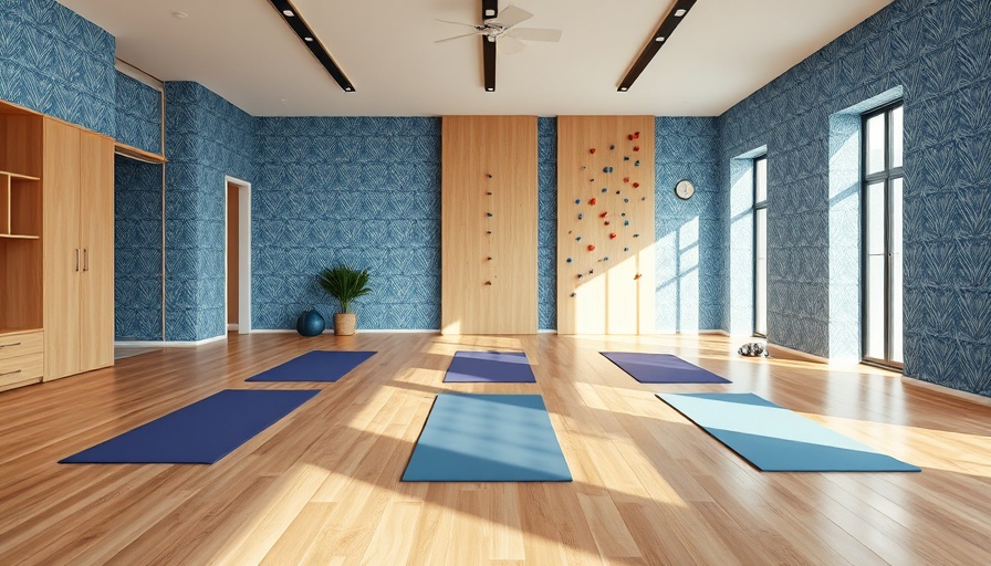 Modern home gym space with yoga mats and climbing wall.