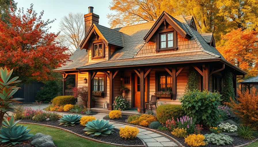 Rustic cottage with autumn landscape architecture, serene setting.