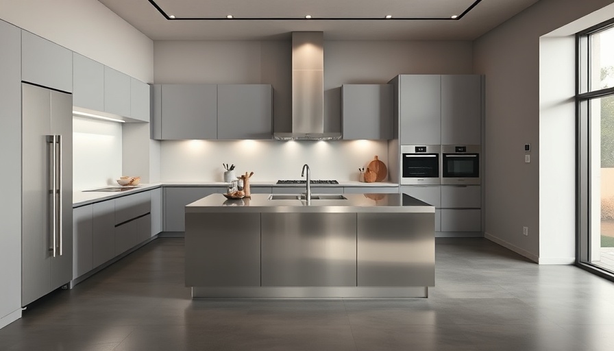 Minimalist kitchen in Alexandria House with stainless steel island.