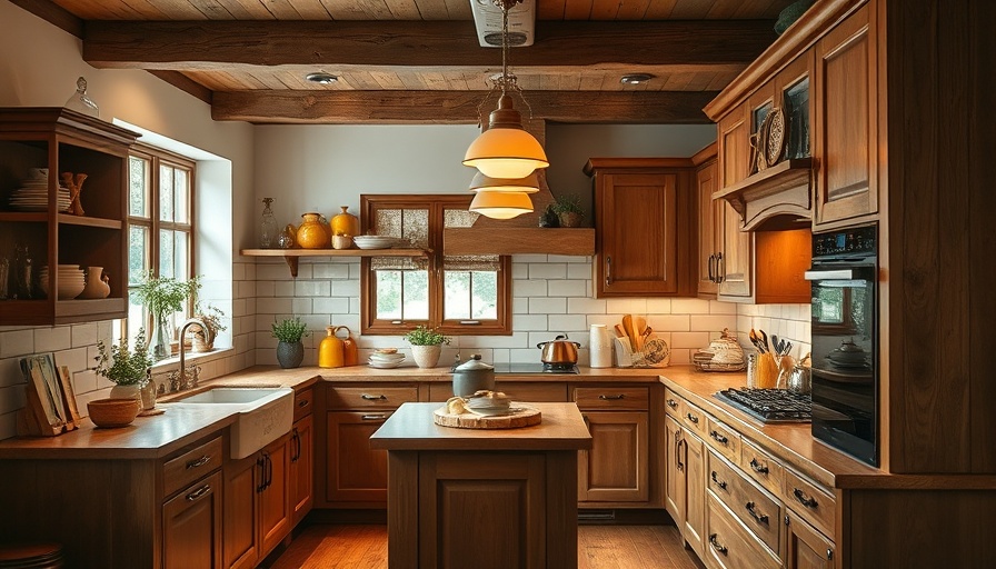 English-inspired kitchen with wooden cabinets and cozy lighting.